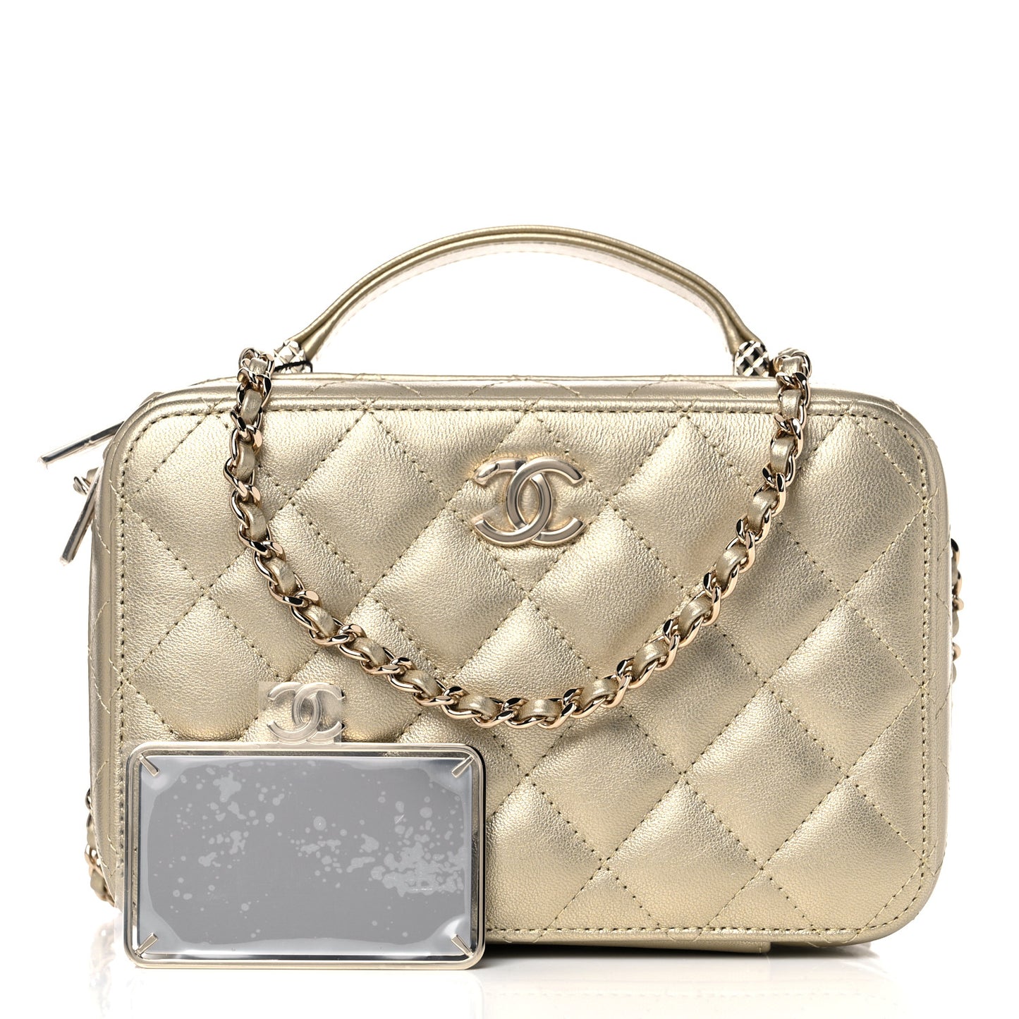 Metallic Lambskin Quilted Top Handle Vanity Case Gold