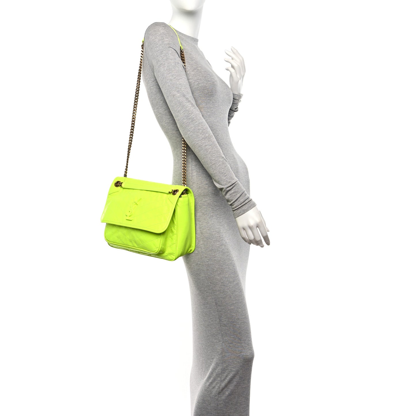 Crinkled Calfskin Matelasse Monogram Medium Niki Chain Satchel Neon Yellow