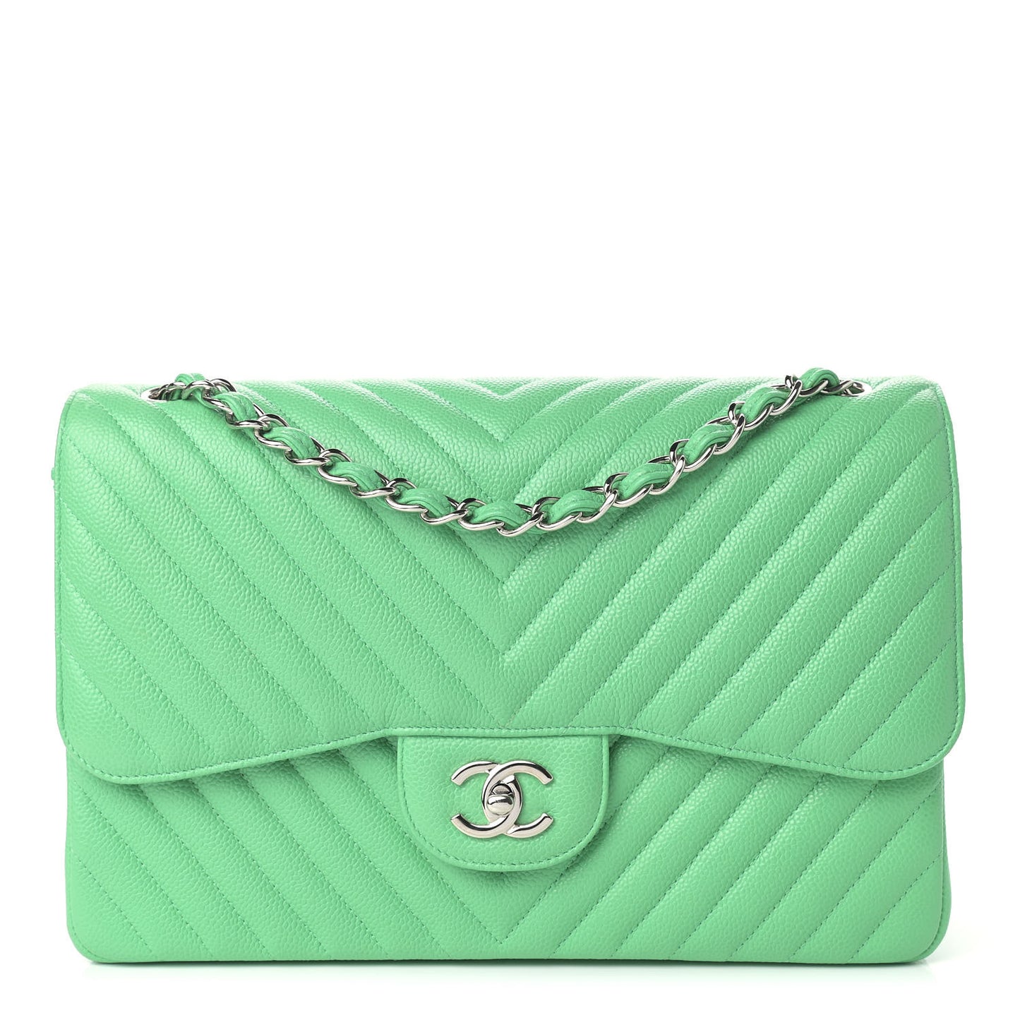 Caviar Chevron Quilted Jumbo Double Flap Green