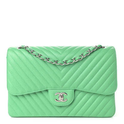 Chanel Caviar Chevron Quilted Jumbo Double Flap Green 1 of 8