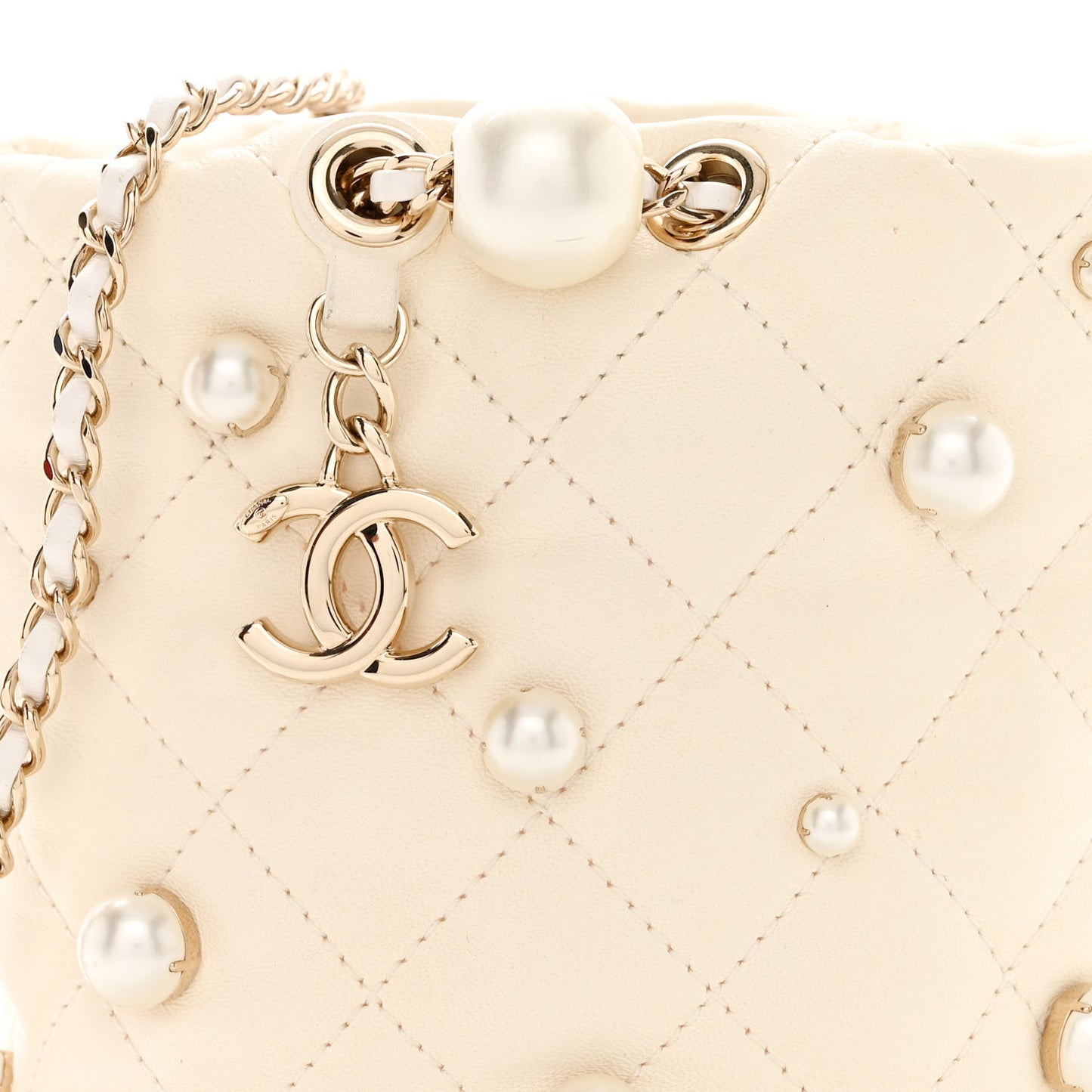 Lambskin Quilted Pearl Mini About Pearls Drawstring Bag White