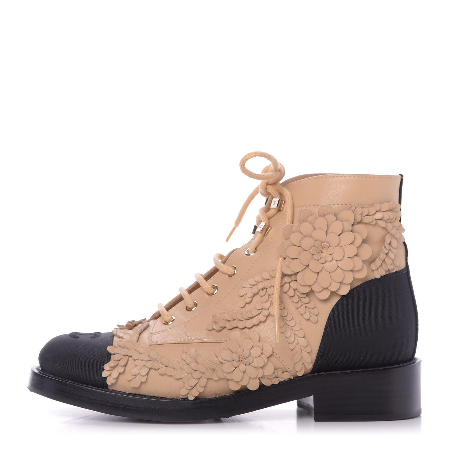 Chanel Embroidered Lambskin Grosgrain Lace Up Boots 38.5 Beige Black 1 of 11