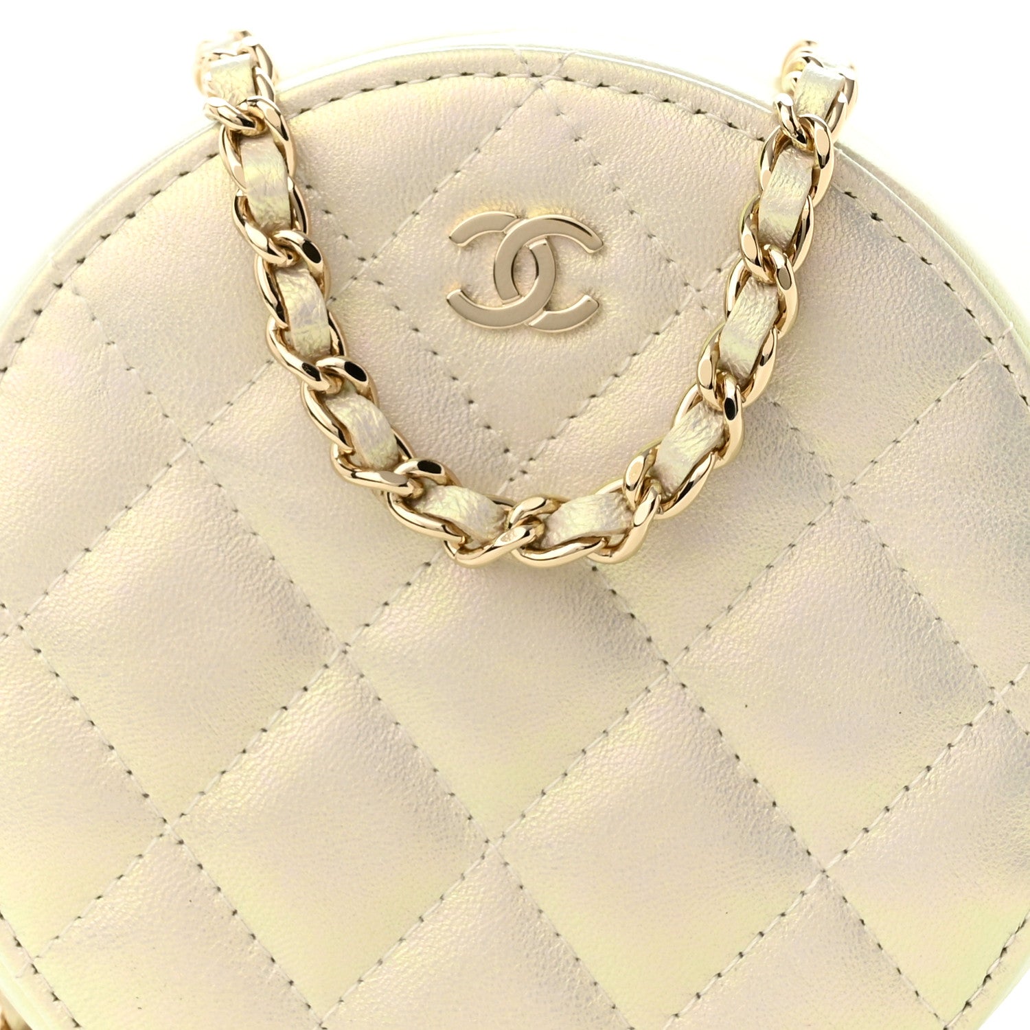 Chanel Iridescent Lambskin Quilted Round Clutch With Chain Ivory 7 of 10