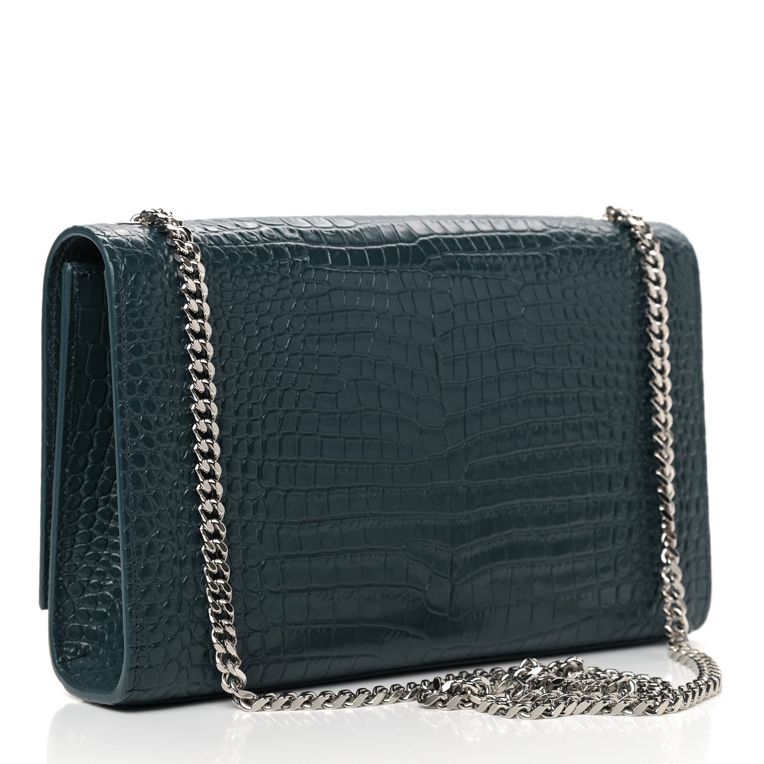 Saint Laurent Calfskin Crocodile Embossed Medium Classic Monogram Kate Tassel Satchel Dark Green 3 of 8