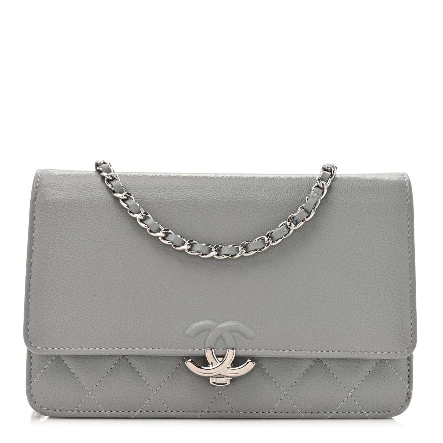 Grained Calfskin Quilted CC Box Wallet On Chain WOC Grey