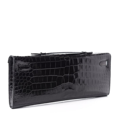 Hermes Shiny Porosus Crocodile Kelly Cut Pochette Black 3 of 7