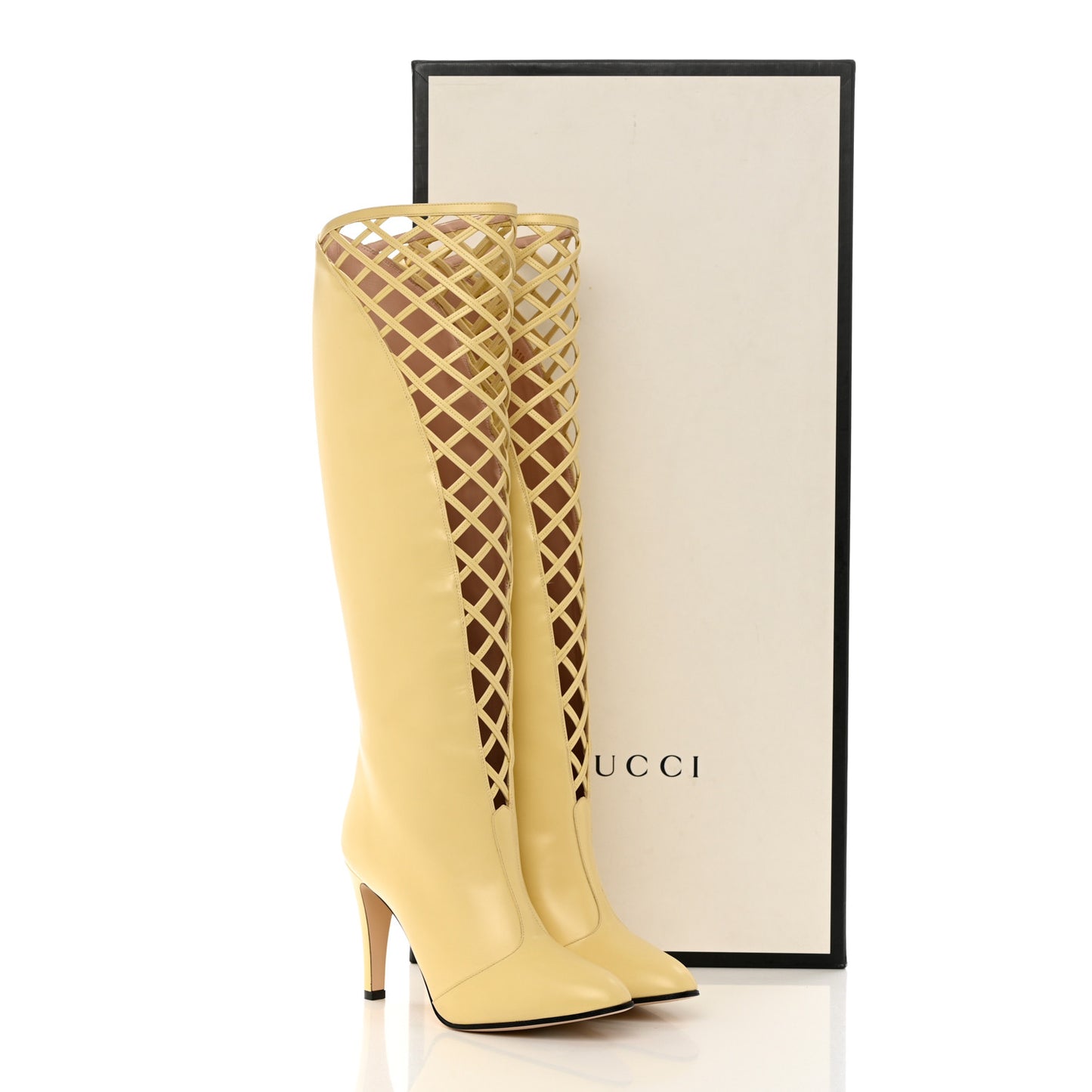 Plume Calfskin Damir Lattice Cutout Knee High Boot 40 Butter