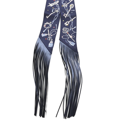 Hermes Silk Metallic Agneau Les Cles A Pois Fringed Twilly Bleu Marine Gris Argent Multicolor 2 of 3