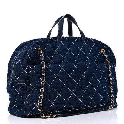 Chanel Denim Quilted Large Express Bowling Bag Blue 3 of 9