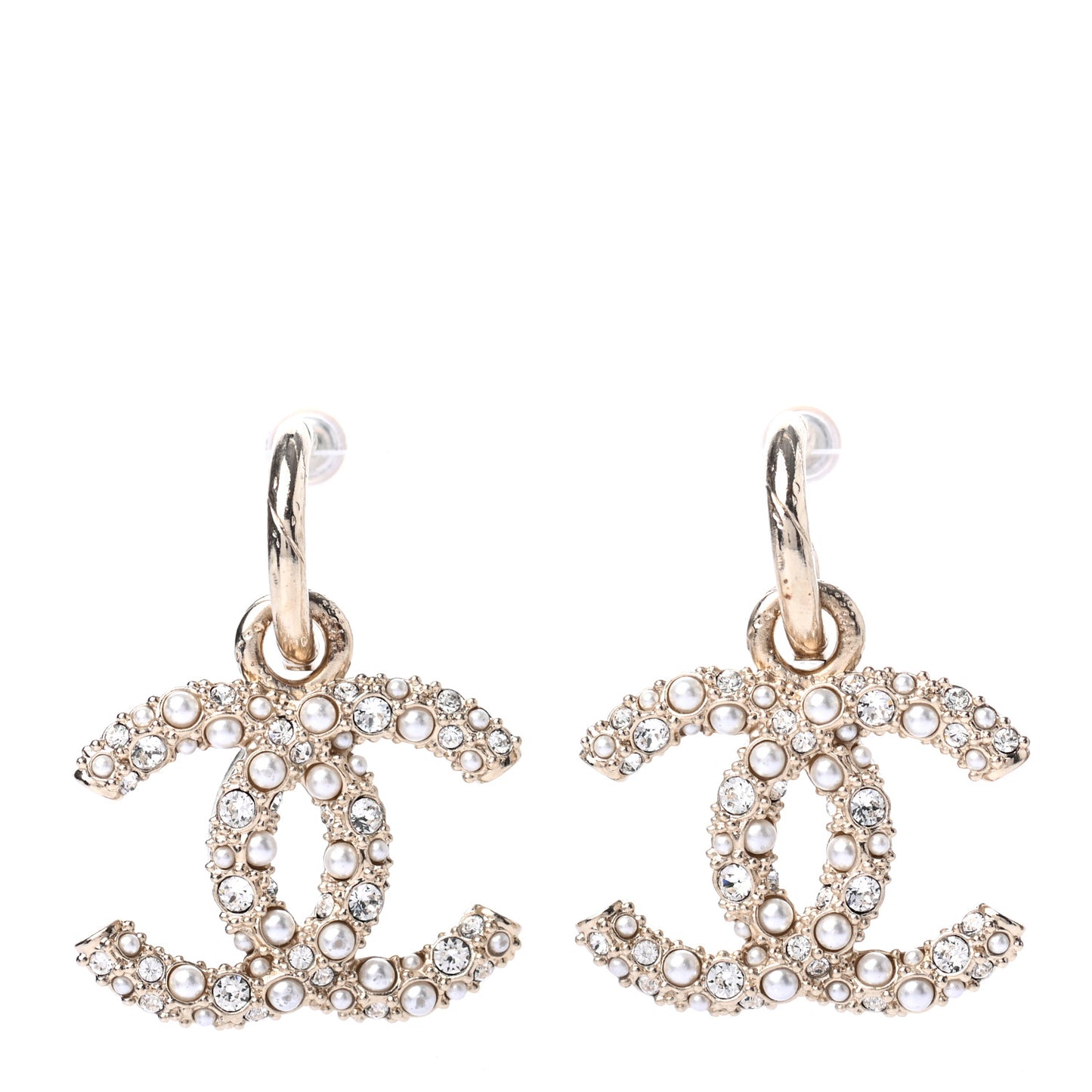 Crystal Pearl Caviar CC Drop Earrings Gold