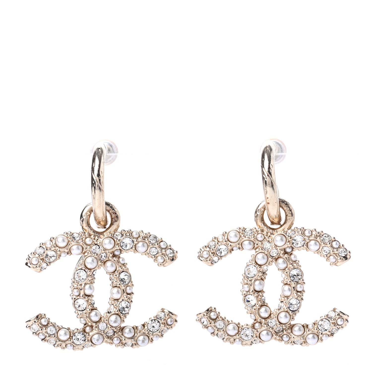Chanel Crystal Pearl Caviar CC Drop Earrings Gold 1 of 4