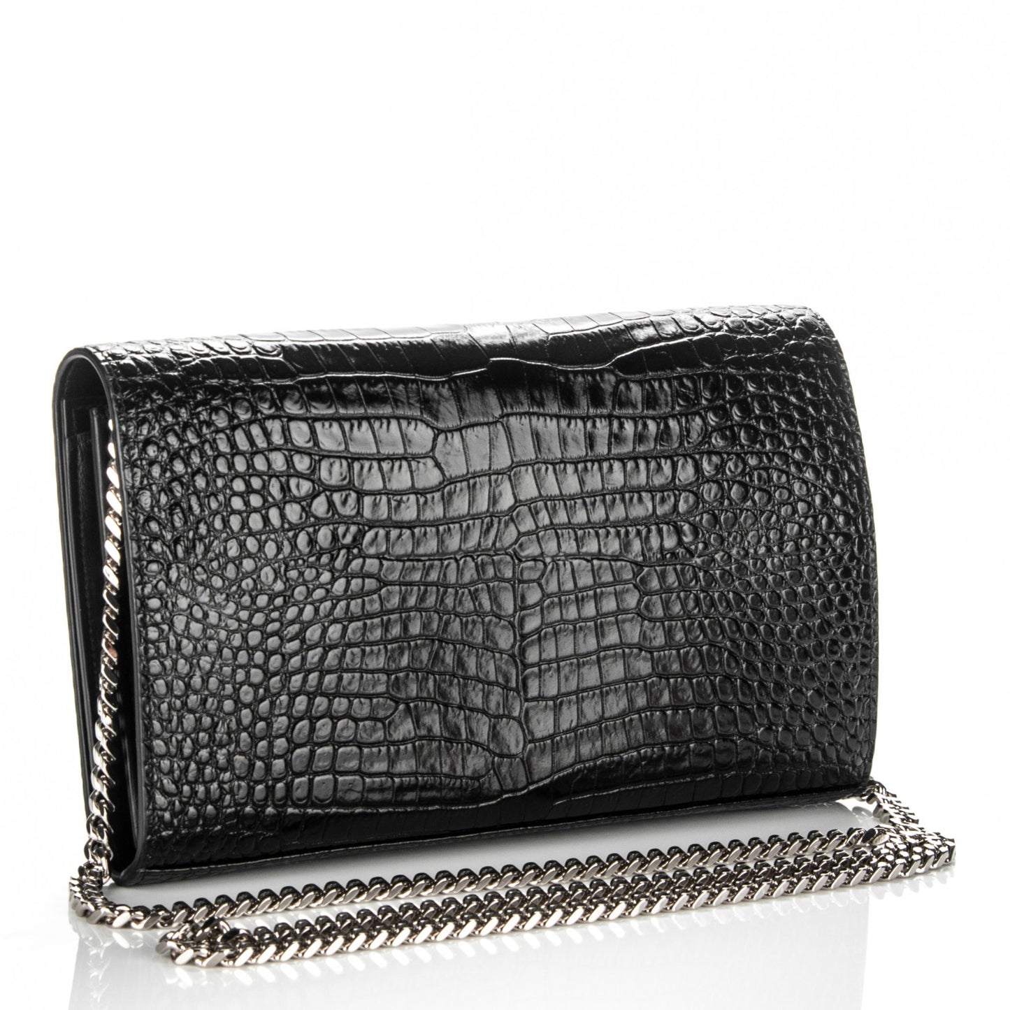 Calfskin Crocodile Embossed Monogram Chain Wallet Nero Black