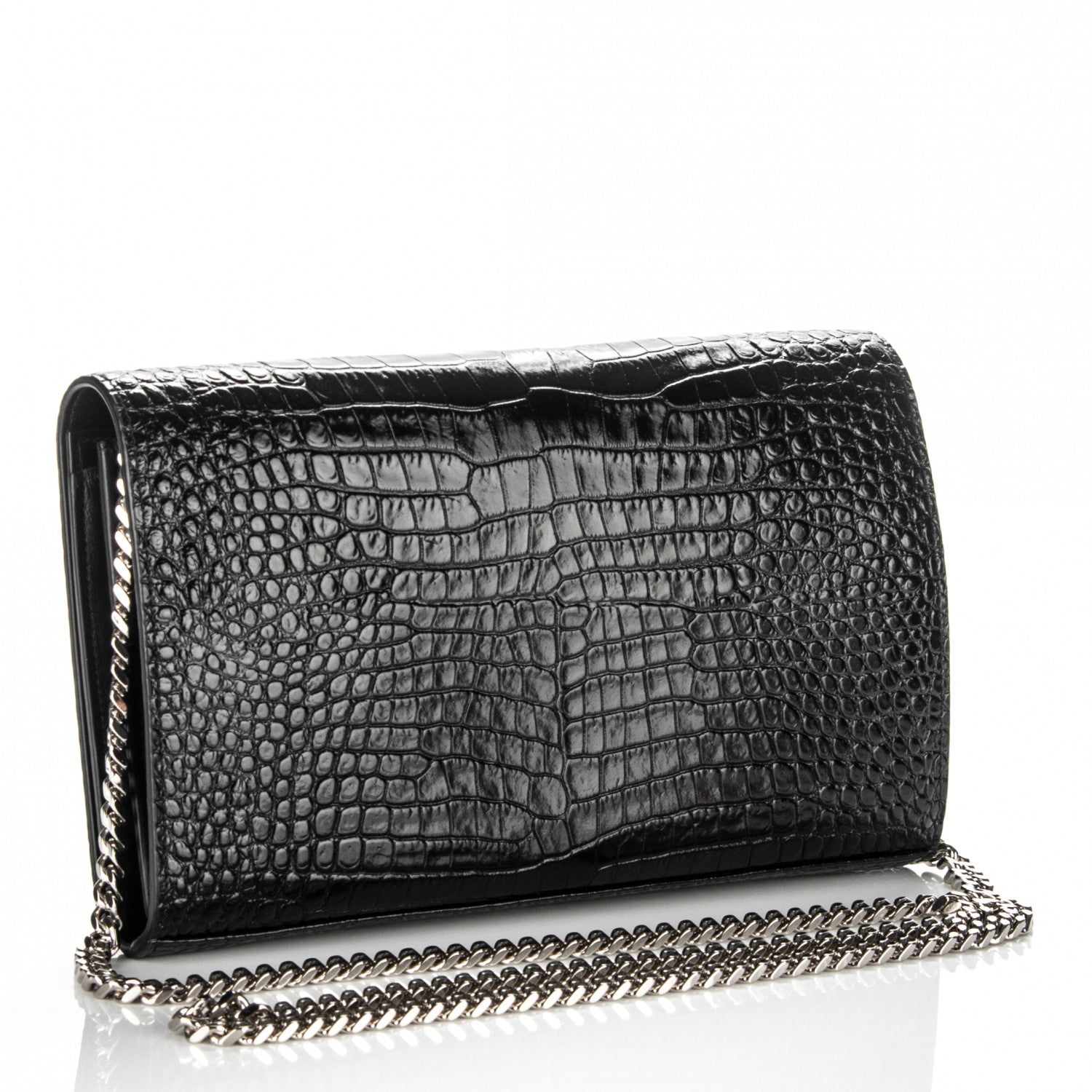 Saint Laurent Calfskin Crocodile Embossed Monogram Chain Wallet Nero Black 3 of 7