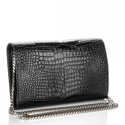 Saint Laurent Calfskin Crocodile Embossed Monogram Chain Wallet Nero Black 3 of 7