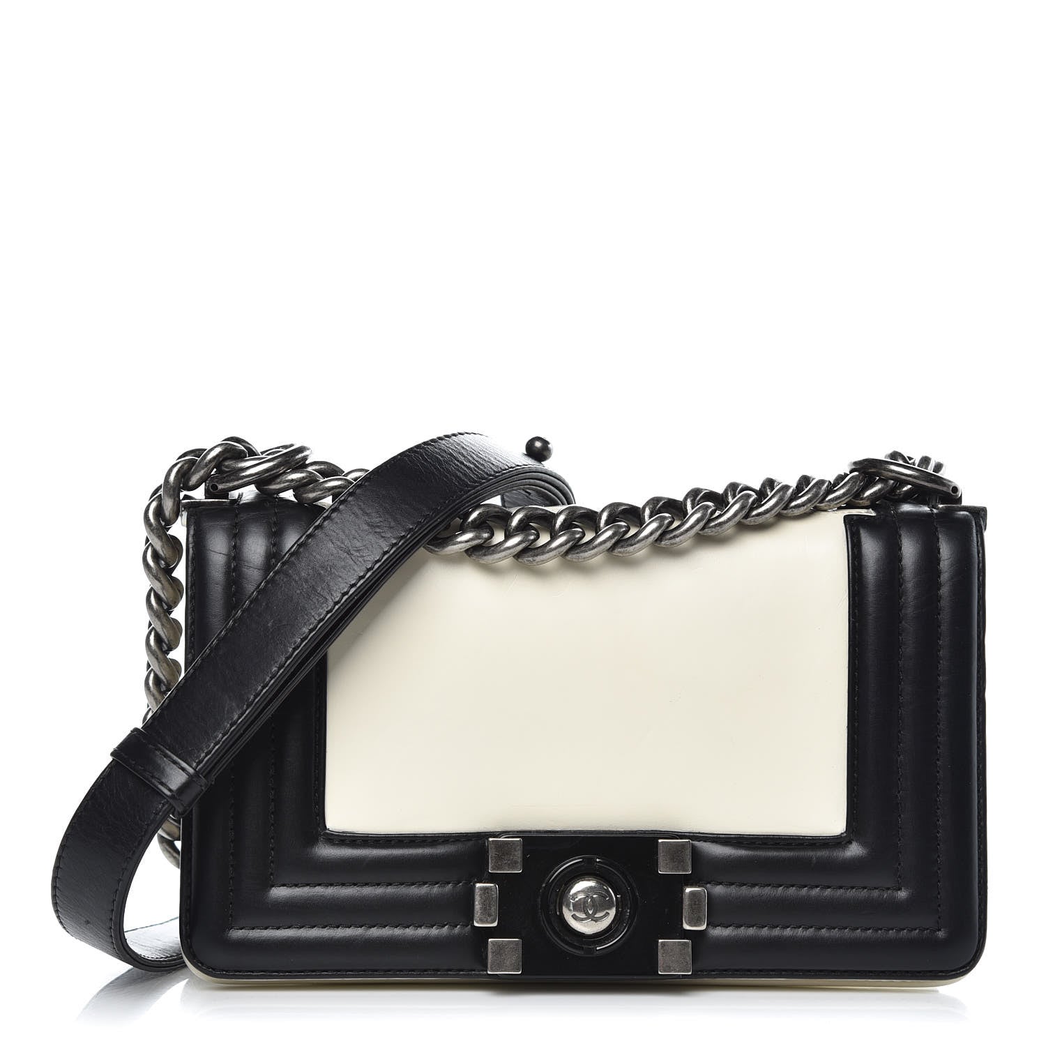 Chanel Glazed Calfskin Small Boy Flap White Black 1 of 12