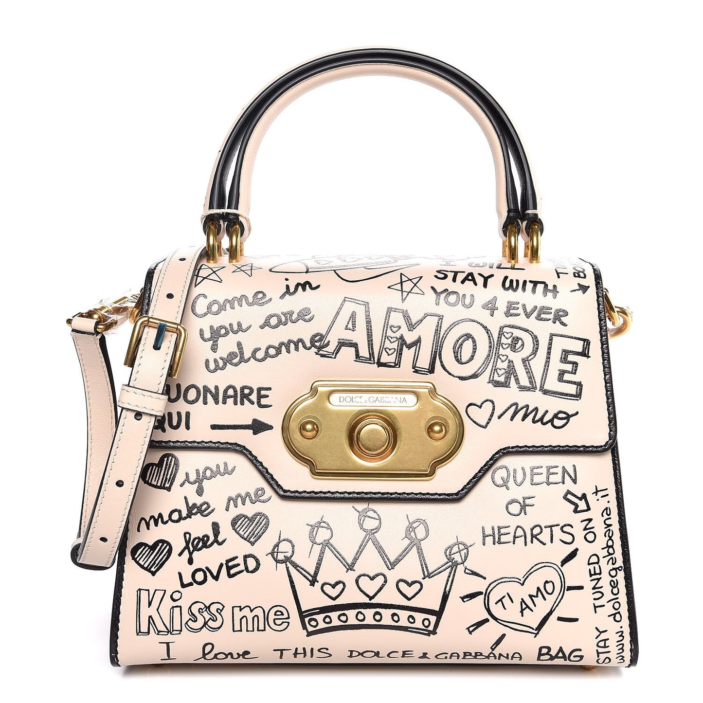 Calfskin Graffiti Printed Welcome Satchel White Black