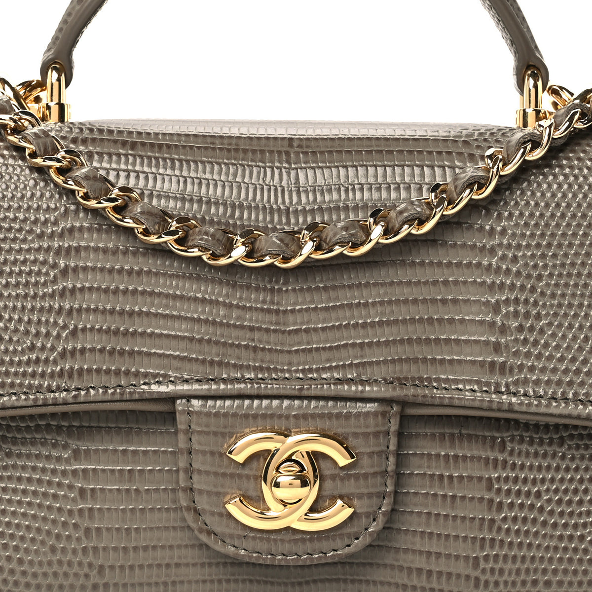 Calfskin Lizard Embossed Top Handle Long Clutch With Chain Dark Khaki