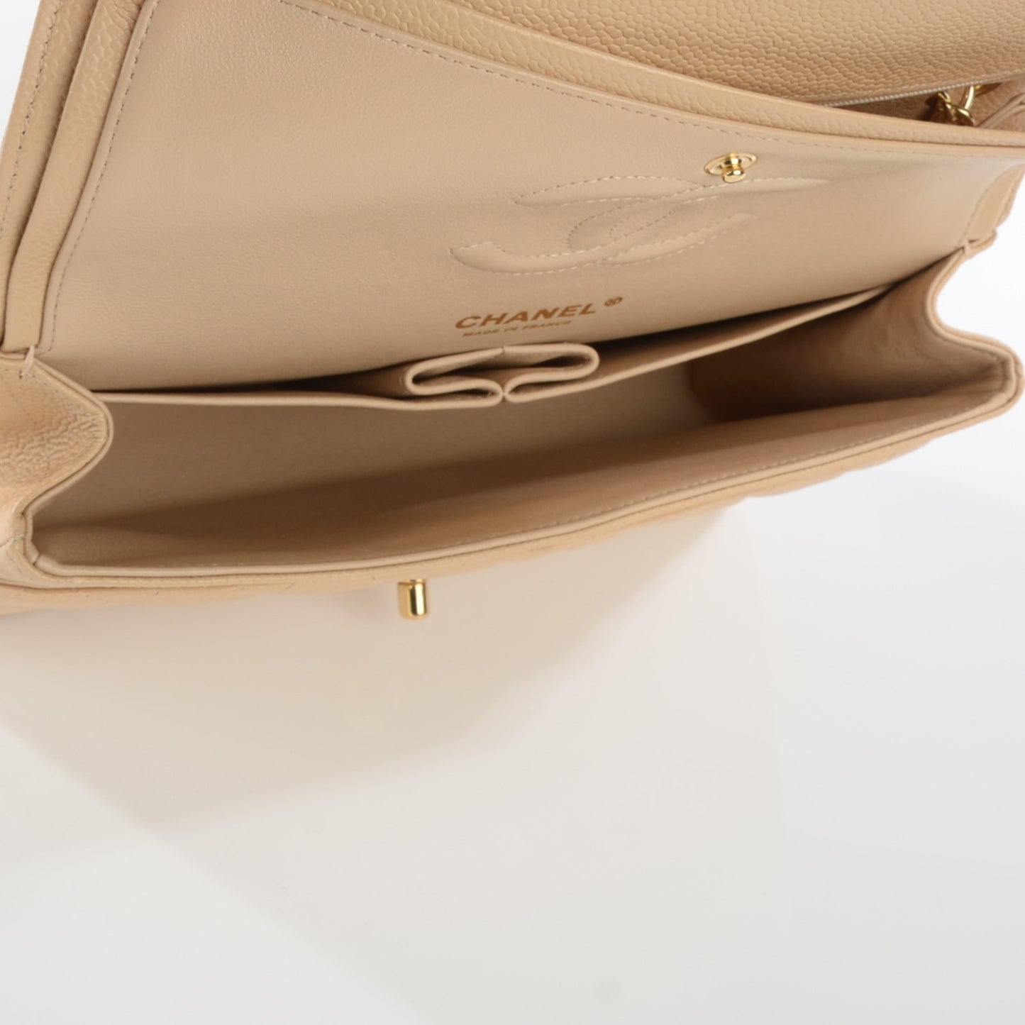 Caviar Quilted Medium Double Flap Beige Clair