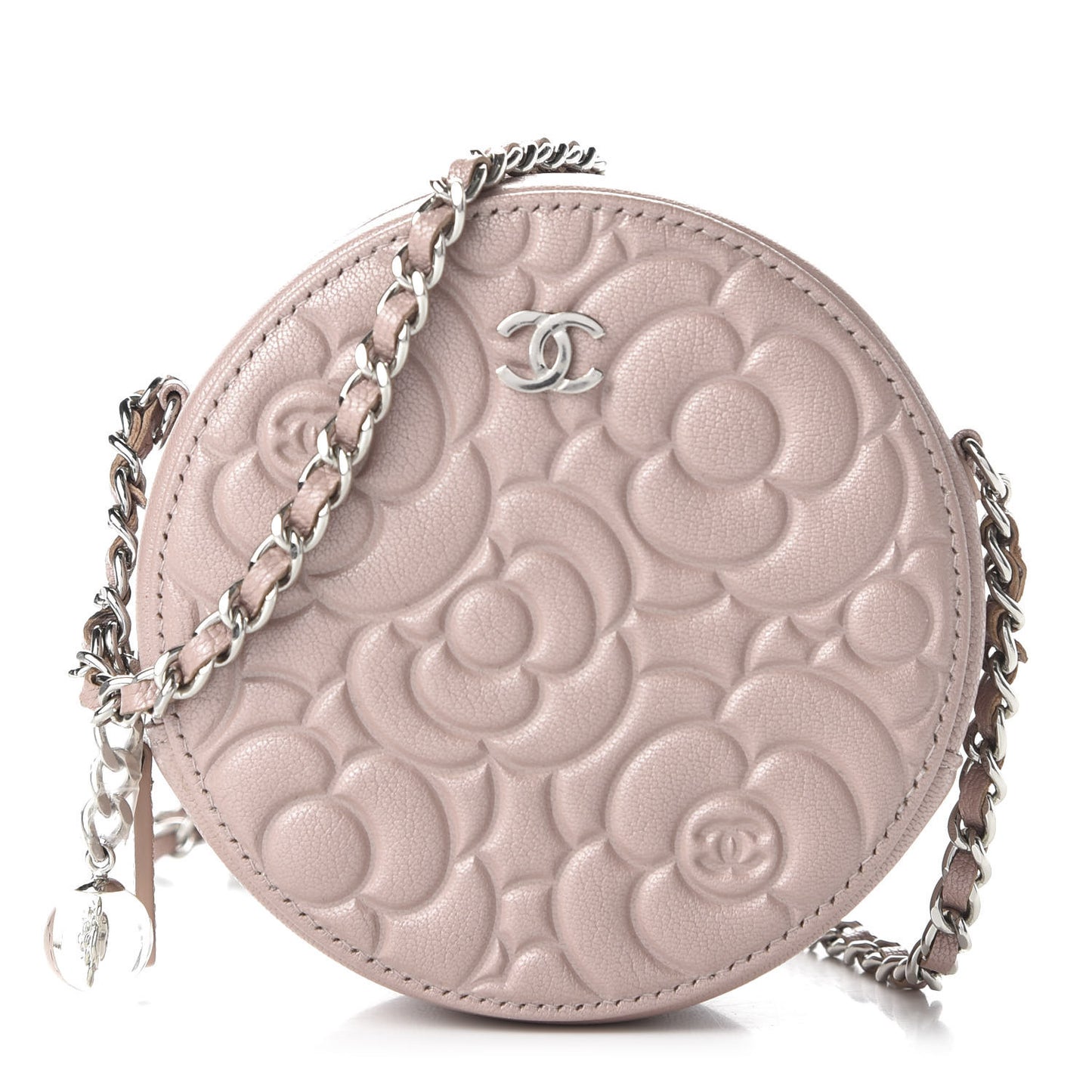 Goatskin Camellia Quilted Round Clutch With Chain Light Pink