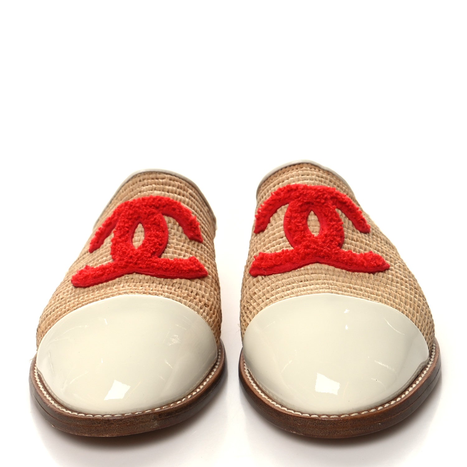 Chanel Raffia Patent Calfskin CC Espadrilles 40 Beige White Red 2 of 8