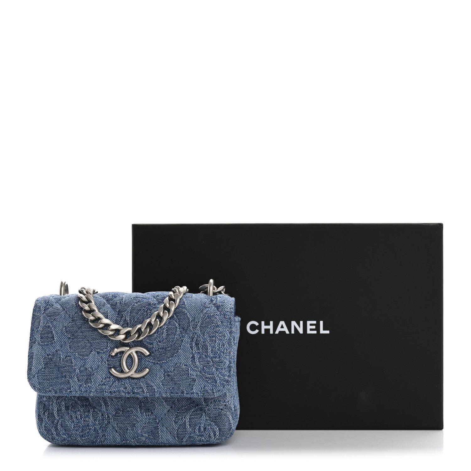 Chanel Denim Quilted Camellia Sweetheart Card Holder With Chain
