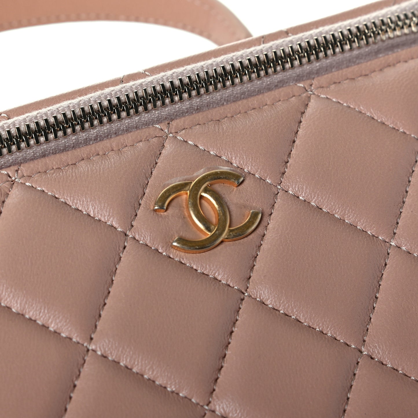 Lambskin Quilted Small Top Handle Vanity Case With Chain Beige