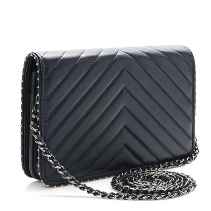 Chanel Lambskin Chevron Quilted Studded Wallet On Chain WOC Navy 2 of 13