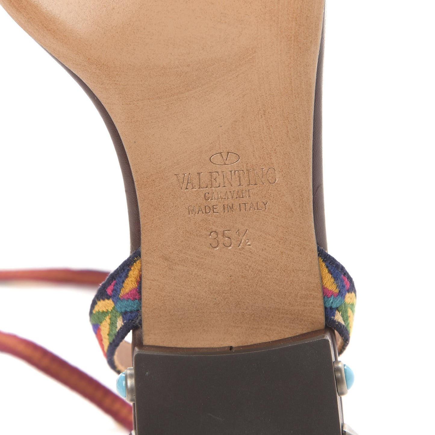 Calfskin Embroidered Rockstud Rolling Wrap Sandals 35.5 Brown