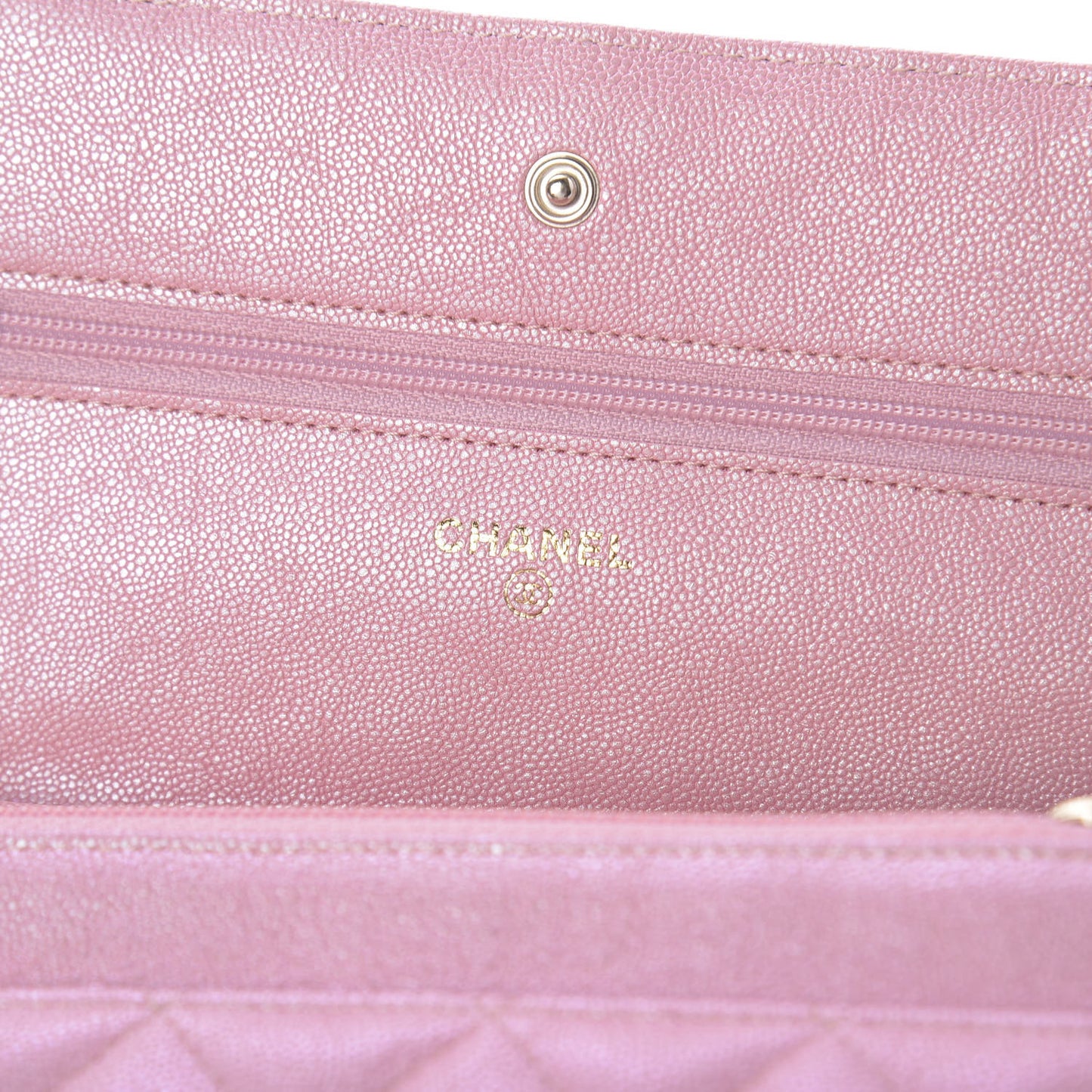 Iridescent Caviar Quilted Wallet on Chain WOC Rose Pink