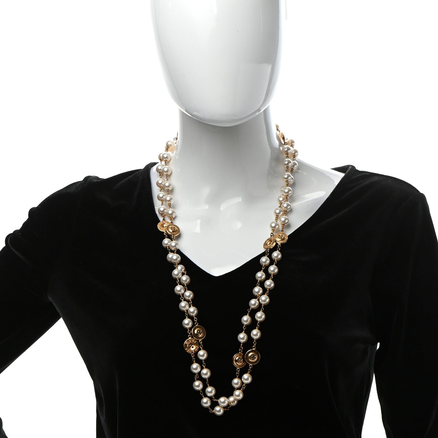 Chanel Metal Pearl Paris Button Necklace Gold 2 of 5