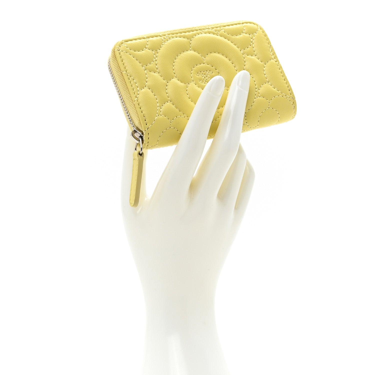 Chanel Lambskin Camellia Embossed Zip Coin Purse Yellow 2 of 10