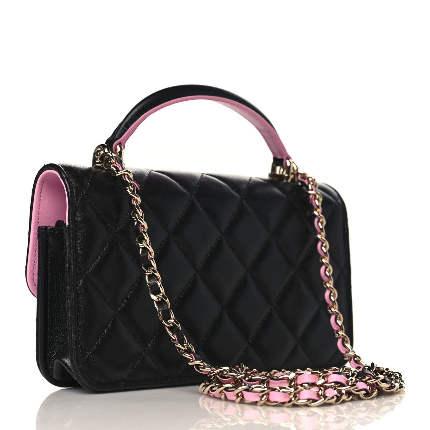 Lambskin Quilted Flap Phone Holder With Chain Black Lilac