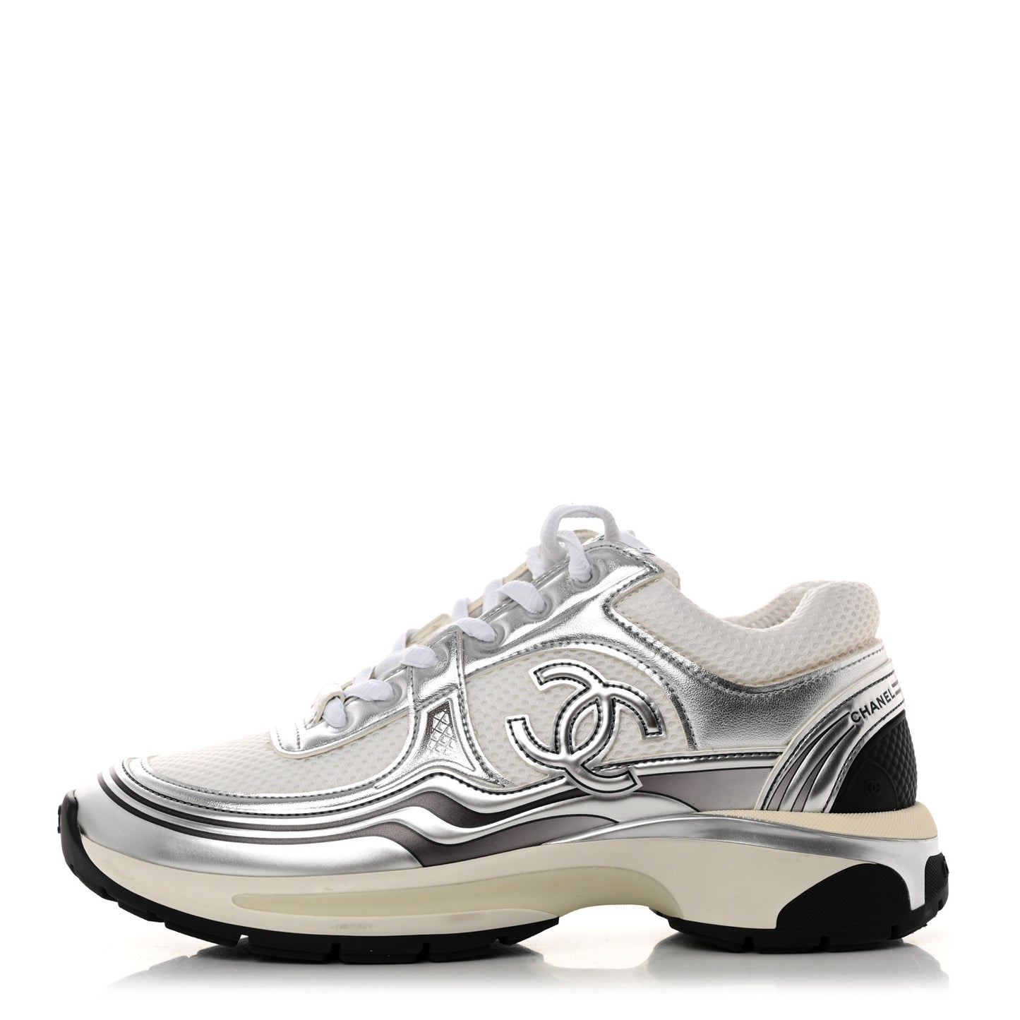 Fabric Laminated Calfskin Stretch CC Womens Sneakers 38 White Silver