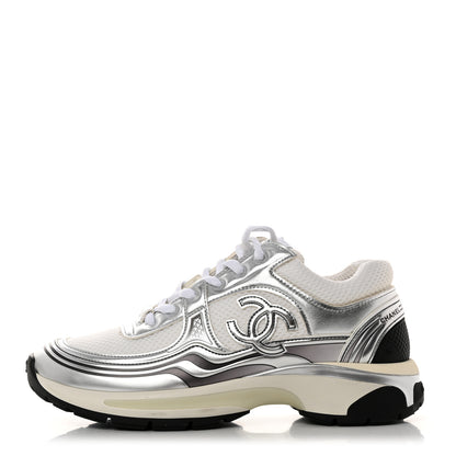Chanel Fabric Laminated Calfskin Stretch CC Womens Sneakers 38 White Silver 1 of 9