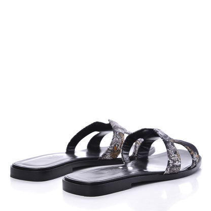 Hermes Silk Printed Equateur Tattoo Oran Sandals 37.5 Black 4 of 9
