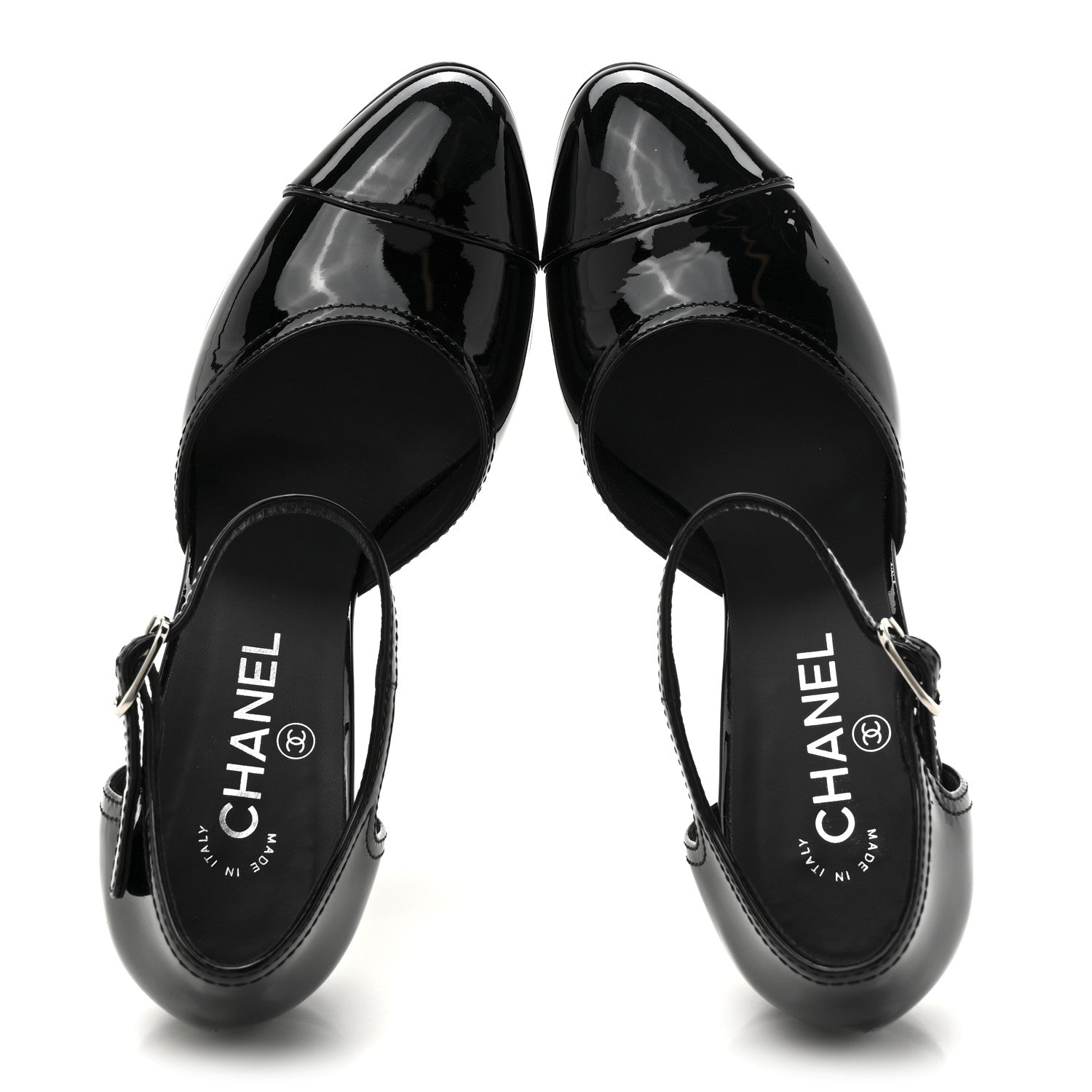 Chanel Patent Cap Toe CC Wedge Ankle Strap Pumps 39.5 Black White 2 of 11