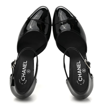 Chanel Patent Cap Toe CC Wedge Ankle Strap Pumps 39.5 Black White 2 of 11