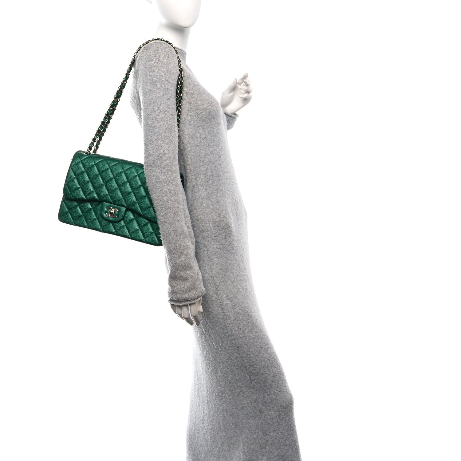 Chanel Metallic Caviar Quilted Jumbo Double Flap Green 2 of 11