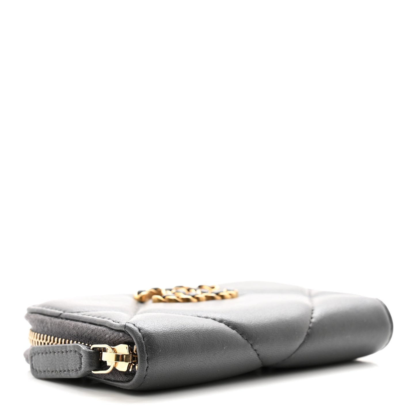 Lambskin Quilted Chanel 19 Zip Around Coin Purse Wallet Dark Grey