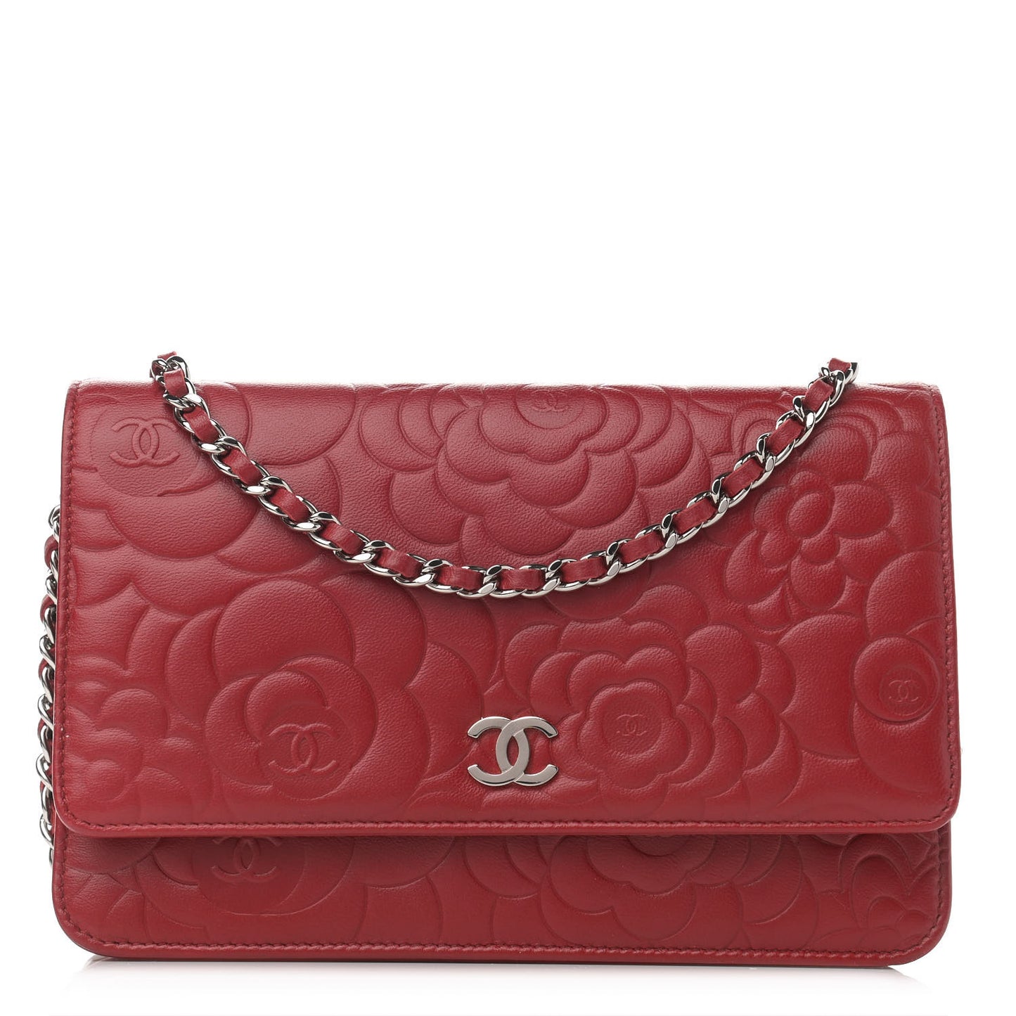 Lambskin Camellia Embossed Wallet On Chain WOC Red