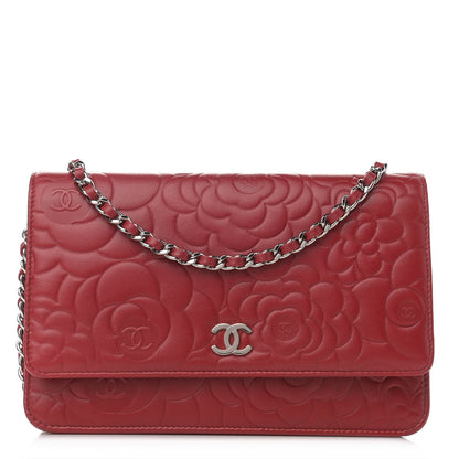 Chanel Lambskin Camellia Embossed Wallet On Chain WOC Red 1 of 14