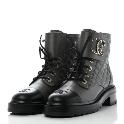 Chanel Shiny Lambskin Quilted Lace Up Combat Boots 38 Grey Black 3 of 11
