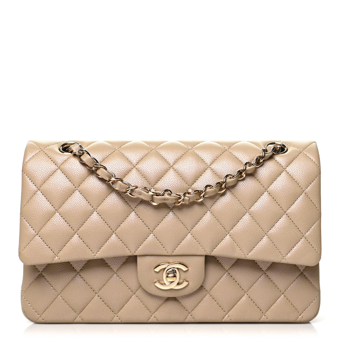 Iridescent Caviar Quilted Medium Double Flap Dark Beige
