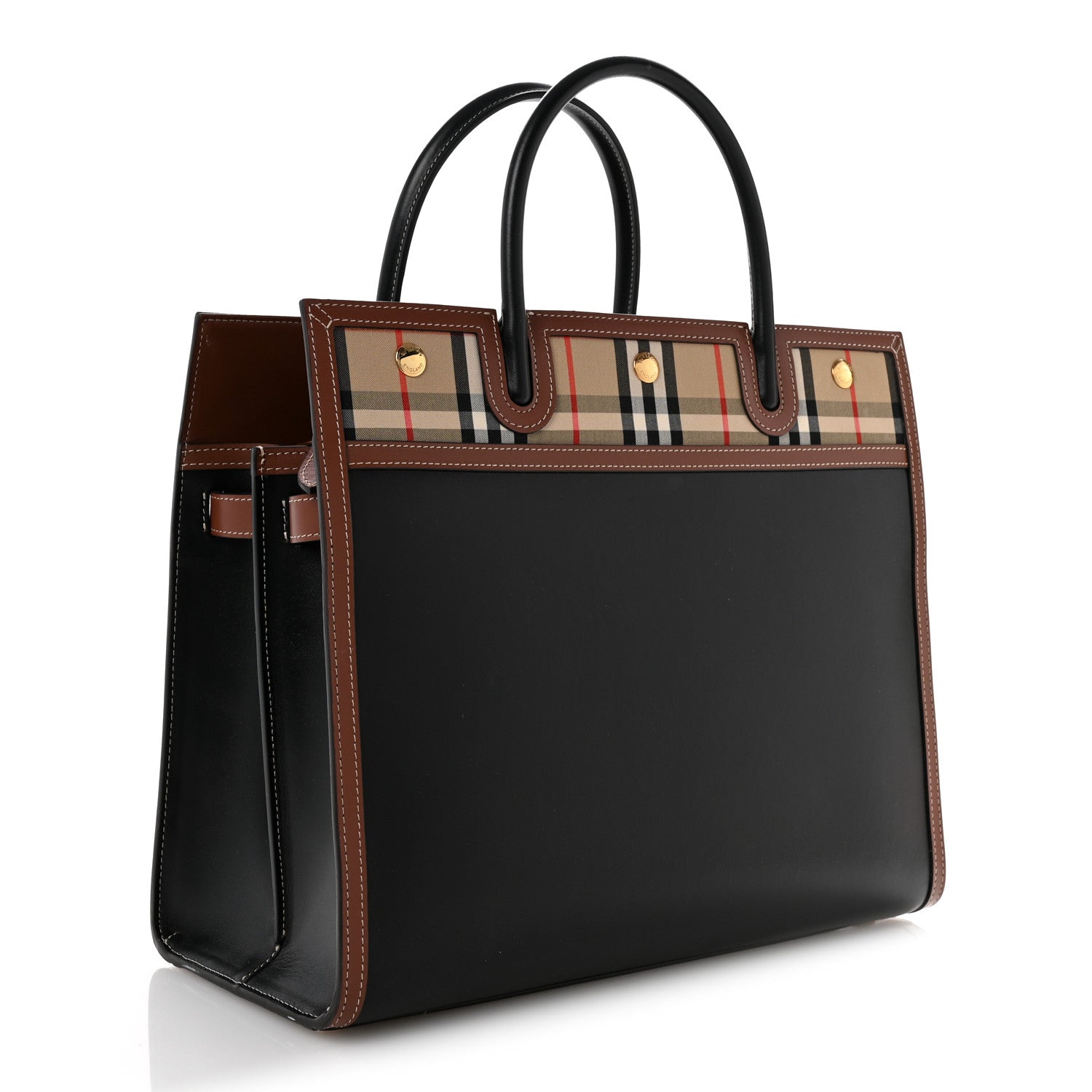 Burberry Calfskin Vintage Check Medium Two Handle Title Bag Black
