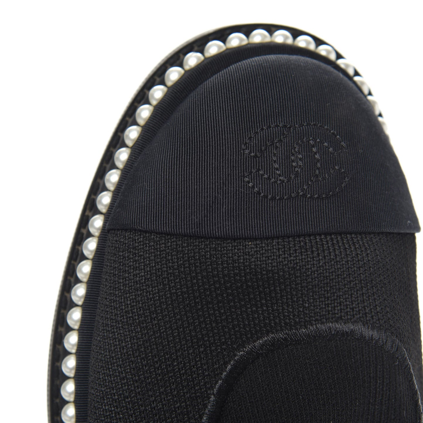Stretch Fabric Grosgrain Pearl Cap Toe CC Moccasin Loafers 37.5 Black
