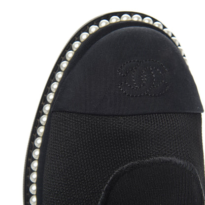 Chanel Stretch Fabric Grosgrain Pearl Cap Toe CC Moccasin Loafers 37.5 Black 9 of 9