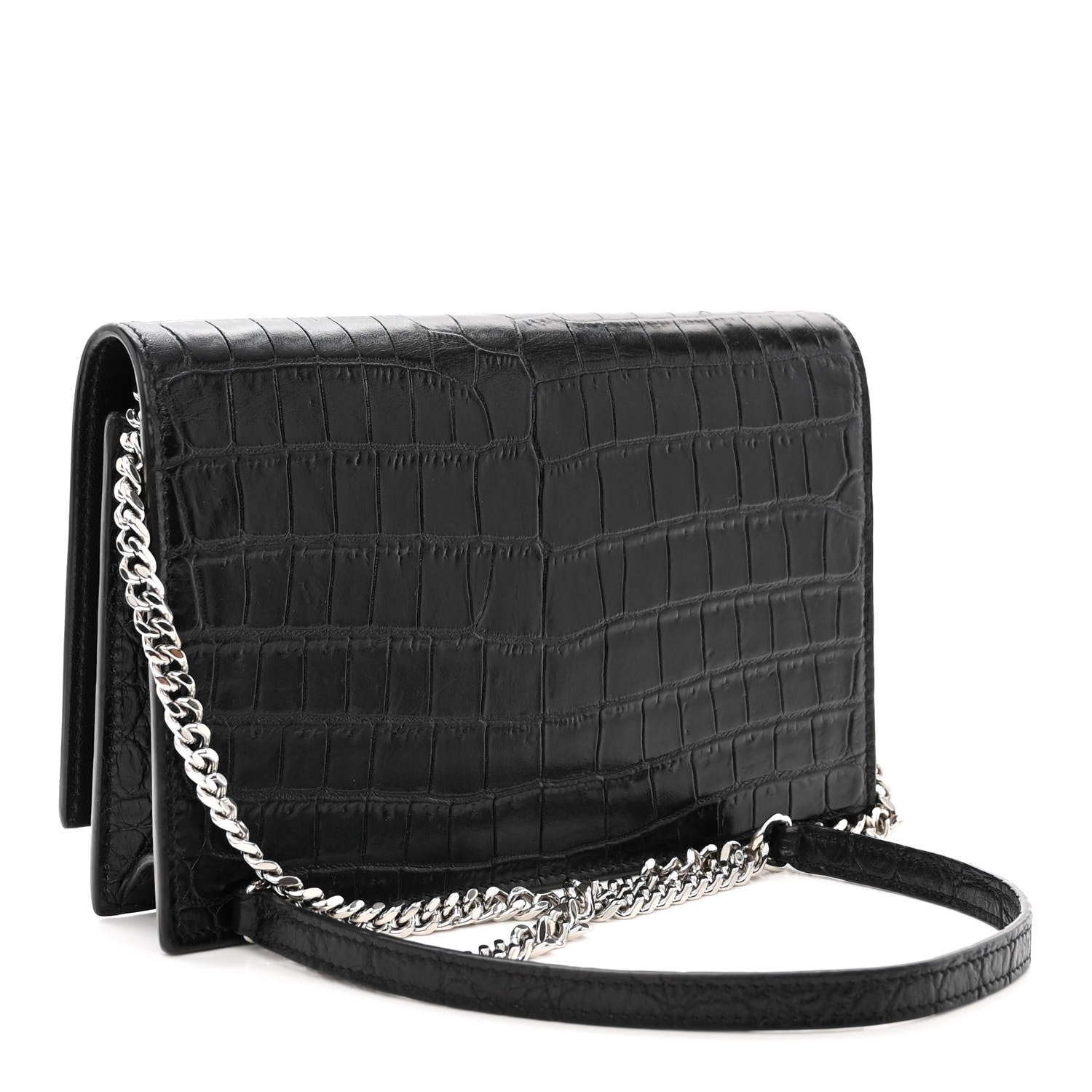 Saint Laurent Calfskin Crocodile Embossed Medium Classic Monogram Kate Tassel Satchel Black 3 of 11