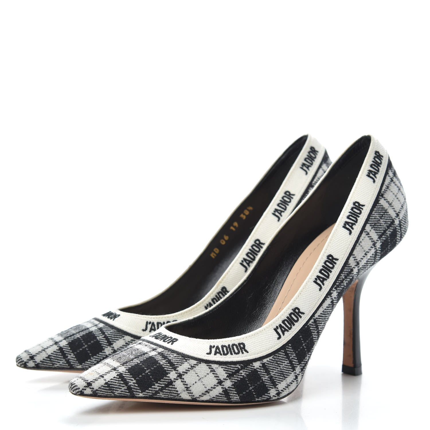 Christian Dior Canvas Ribbon Tartan Print Embroidered J'Adior 100mm Pumps 38.5 Black Off White 3 of 11
