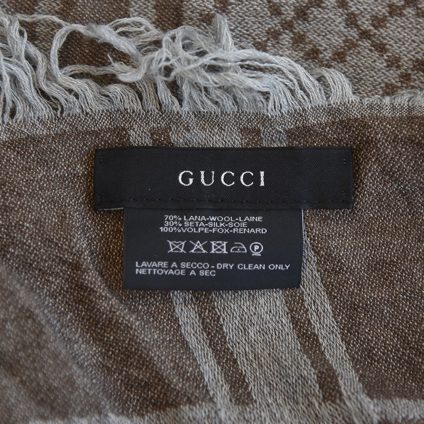Wool Silk Fox Fur Monogram Shawl Scarf Brown