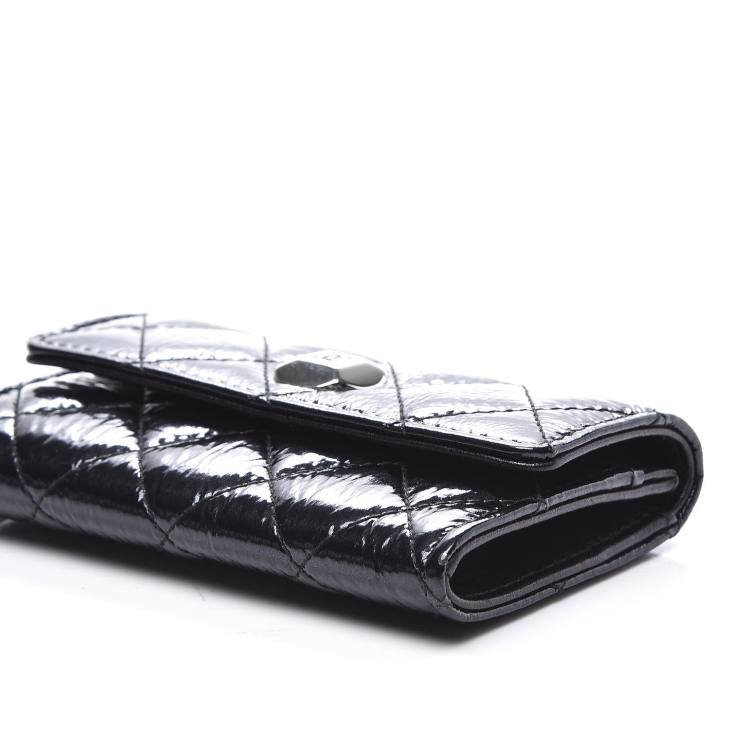 Distressed Patent Quilted Flap Card Holder Black